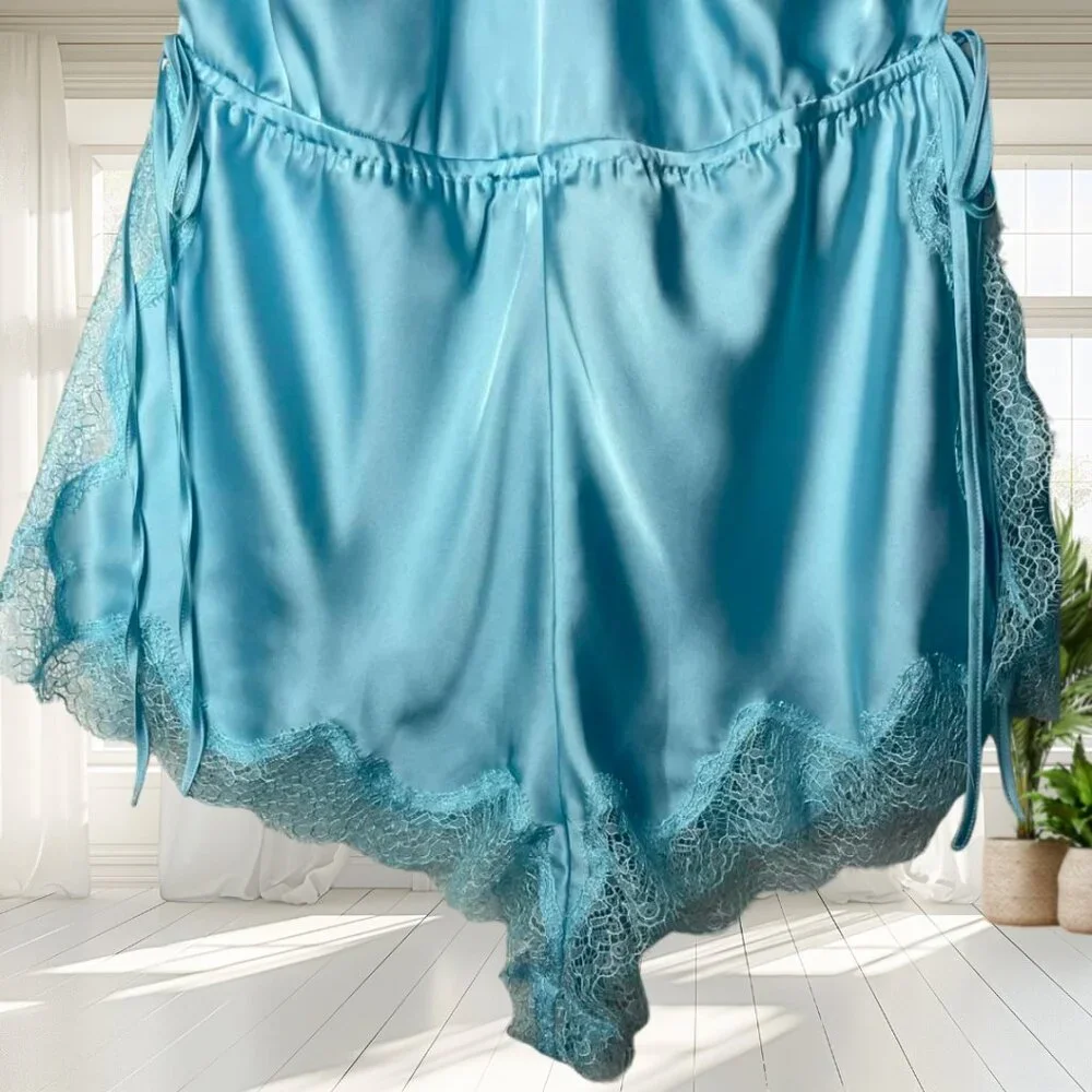 Victoria's Secret Medium Satin Side-Tie Teddy Romper Bodysuit Lace Blue - Picture 6 of 15